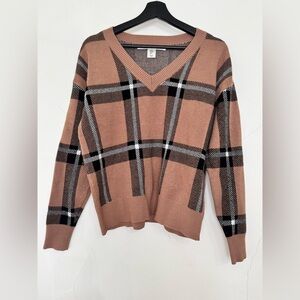 Women’s Max Studio Preppy V-Neck Ribbed Plaid Block Viscose Blend Sweater M